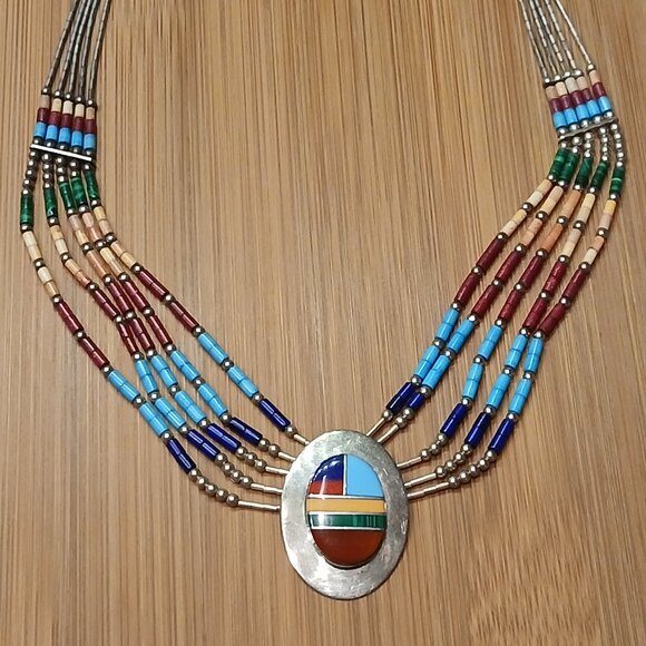 Vintage 5 Strand Liquid Silver with Multi Stone Inlaid Necklace - 16 inches - Picture 7 of 10